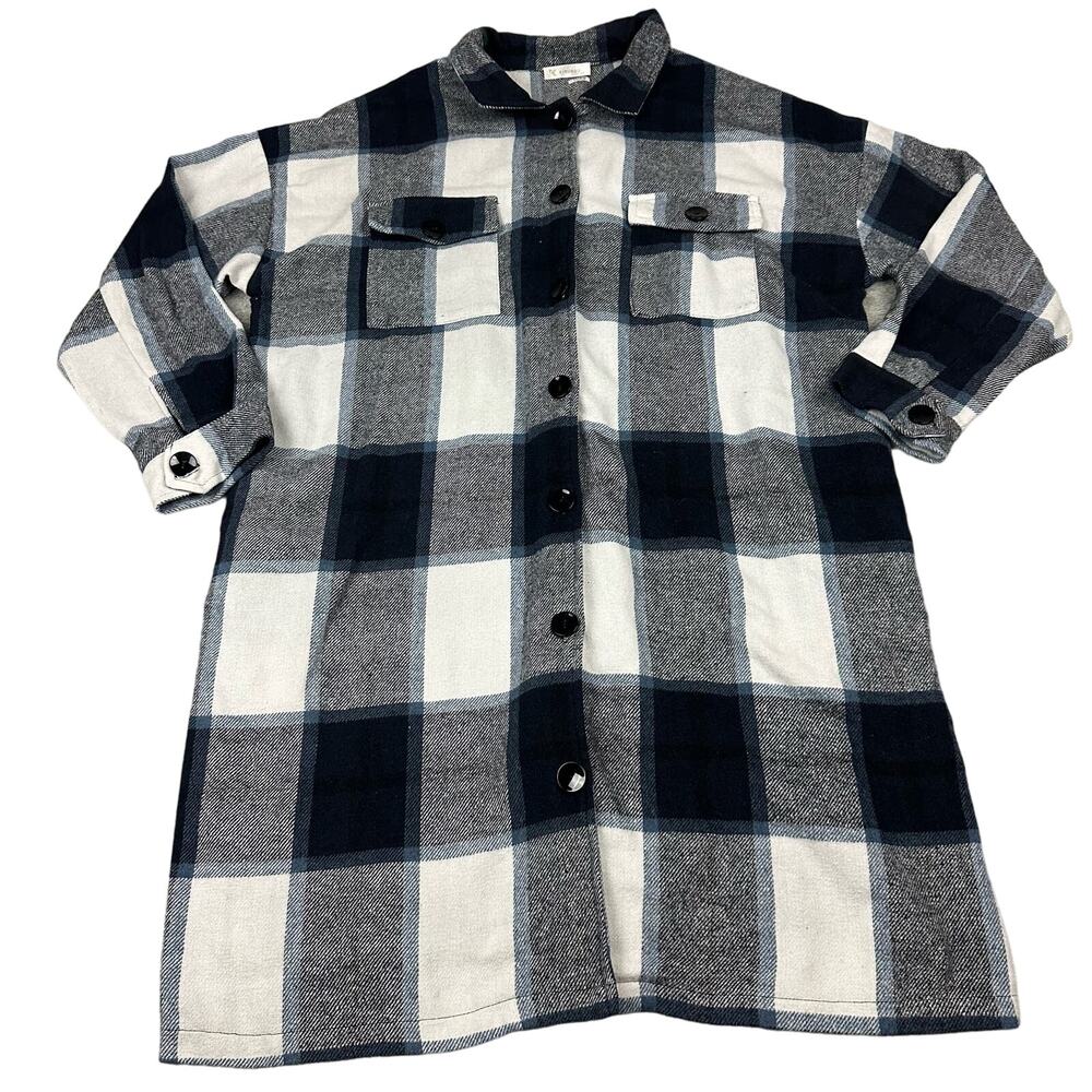 Kirundo Size 2XL Womens‎ Blue & White Plaid Knee Length Flannel Shacket